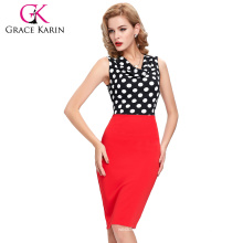 2016 New Arrival Occident Women's Slim Fit Sleeveless Red V-Neck Polka Dots Splicing Short Pencil Dress CL009265-1